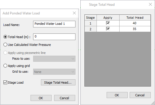 Add Ponded Water load, Stage Total Head dialog box