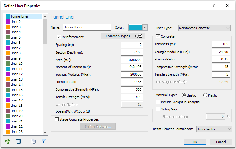 Define Liner Properties dialog box