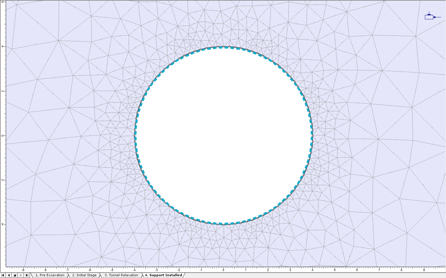Image of the tunnel with blue lining around the excavation boundary