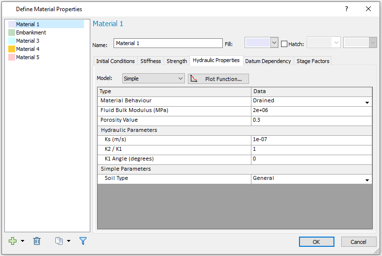 Define Material Properties- Hydraulic Properties dialog