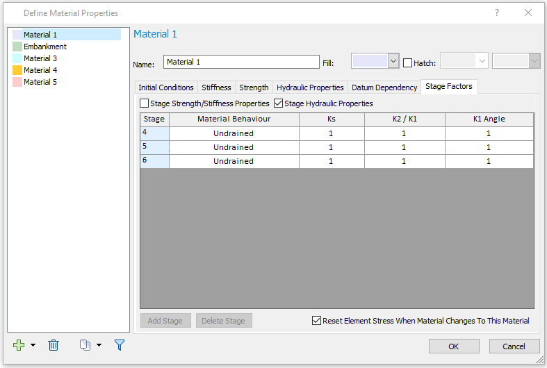 Define Material Properties- Stage Factors dialog