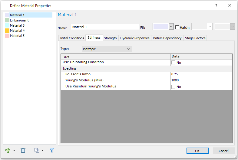 Define Material Properties- Stiffness dialog