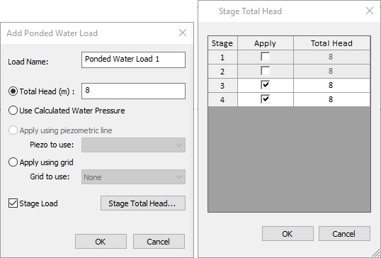 Add Ponded Water Load, Stage Total Head dialog