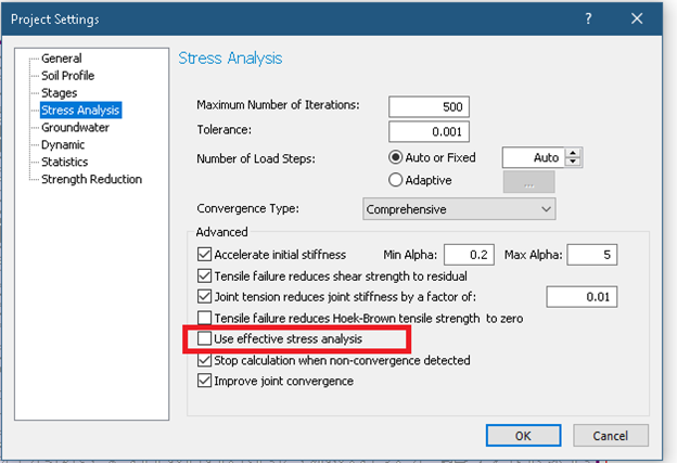 Project Settings dialog- Stress Analysis tab