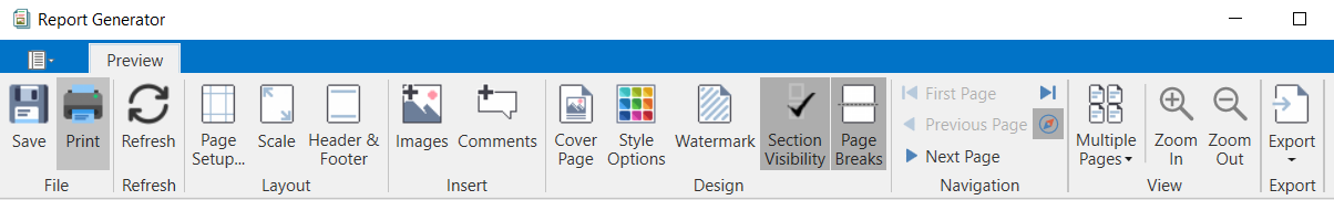 Report Generator tool bar/controls