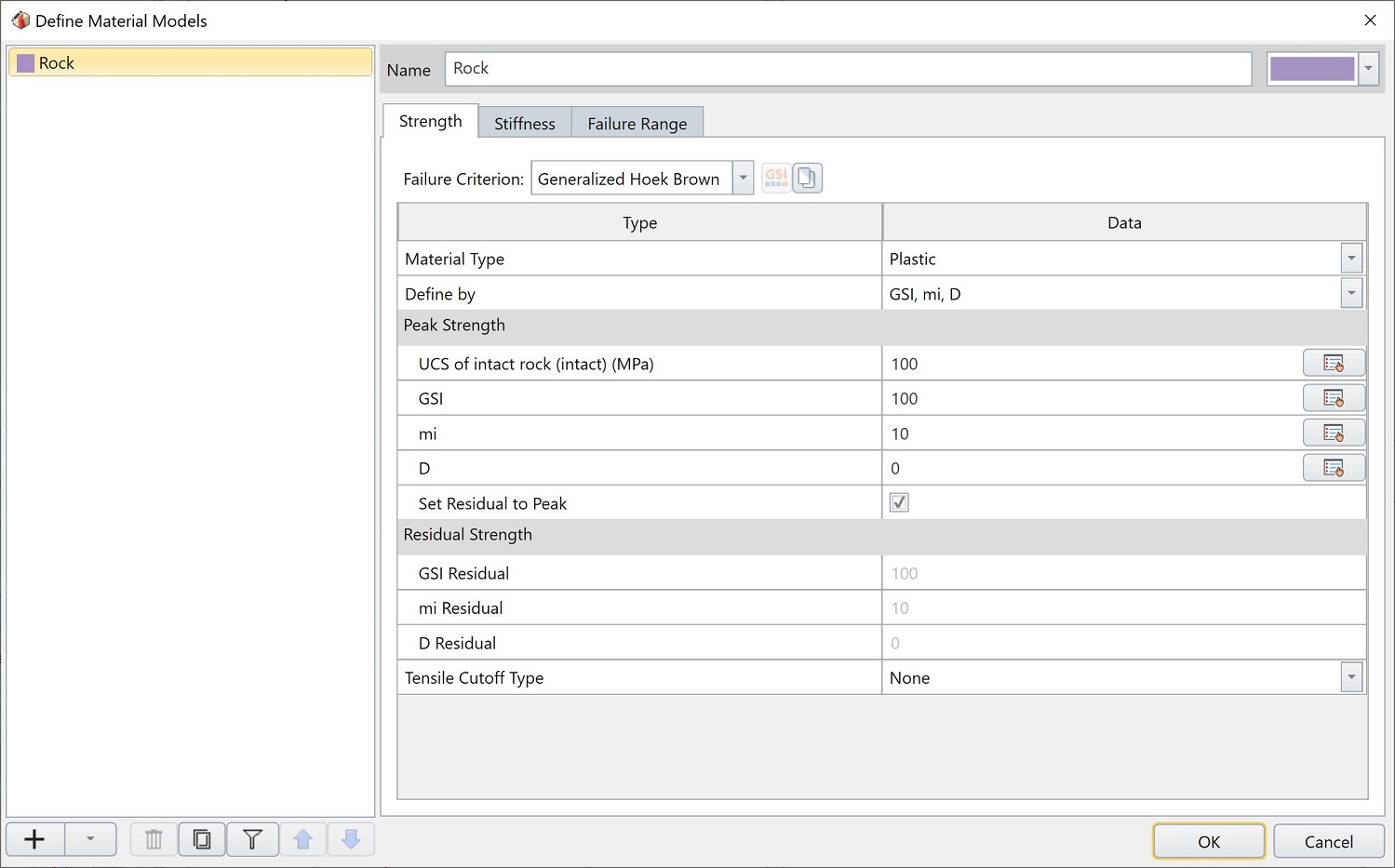 Setting Failure Criterion to Generalized Hoek Brown in the Strength tab
