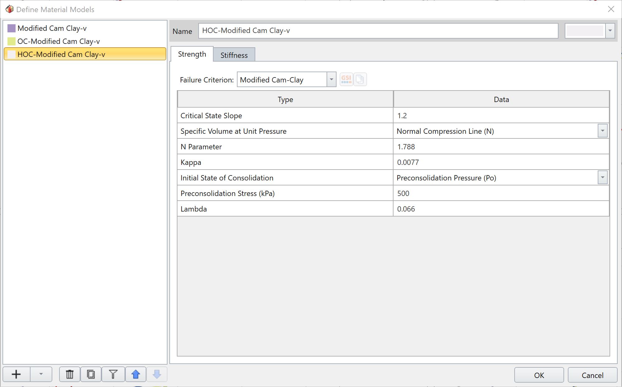 Select HOC-Modified Cam Clay-v in the strength tab