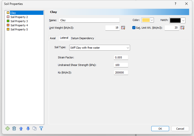 Soil Properties Dialog - Clay - Lateral