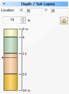 Depth control in sidebar (horizontal soil layers on left; multiple boreholes on right)