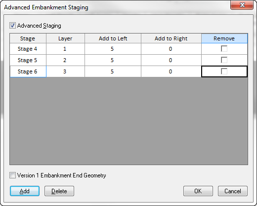 Advanced Embankment Staging dialog