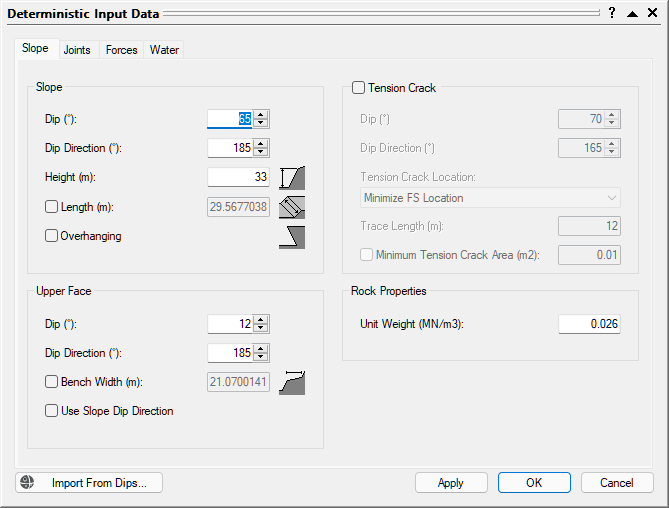 SWedge Deterministic Input Data dialog - Slope tab