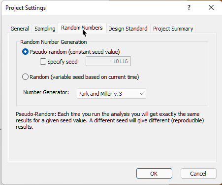 SWedge Project Settings Random Numbers tab