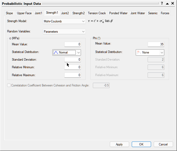 Probabilistic Input Data Strength 1 dialog